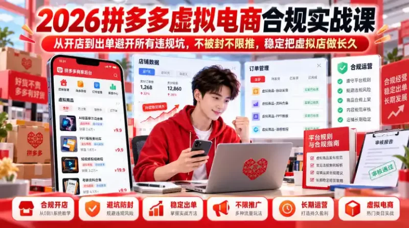 2026拼多多虚拟电商合规实战课，从开店到出单避开所有违规坑，不被封不限推，稳定把虚拟店做长久-51云资源