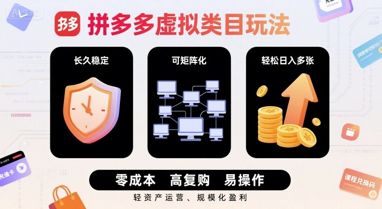 拼多多虚拟类目玩法,长久稳定,可矩阵化,轻松日入多张