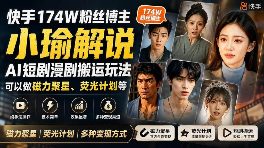 （20109期）快手174W粉丝博主小瑜解说AI短剧漫剧搬运玩法，可以做磁力聚星、荧光计划等-51云资源