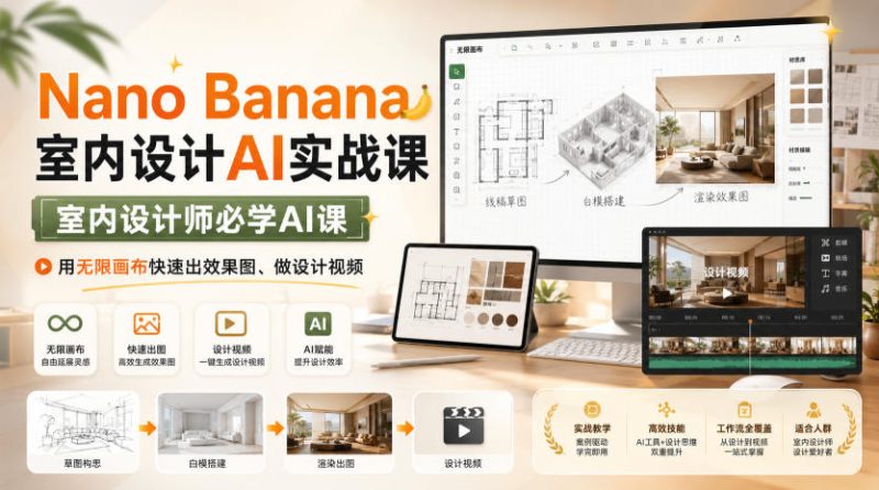 Nano Banana室内设计AI实战课,室内设计师必学AI课,用无限画布快速出效果图、做设计视频-51云资源