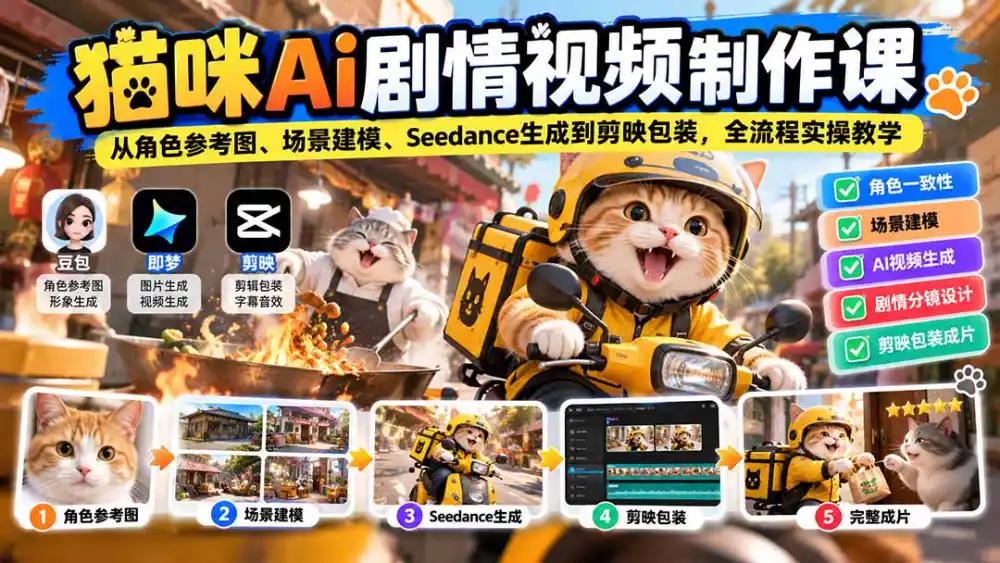 猫咪AI剧情视频制作课：从角色参考图、场景建模、Seedance生成到剪映包装，全流程实操教学-51云资源