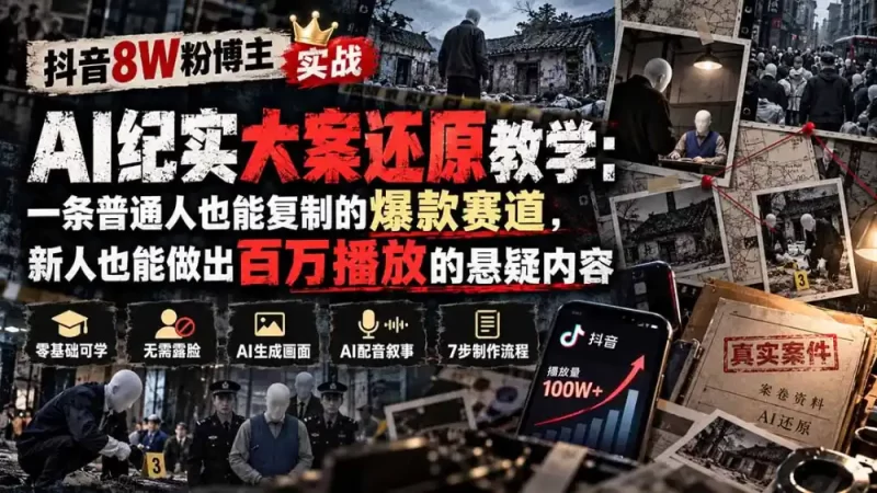 抖音8W粉博主AI纪实大案还原教学:一条普通人也能复制的爆款赛道,新人也能做出百万播放的悬疑内容-51云资源