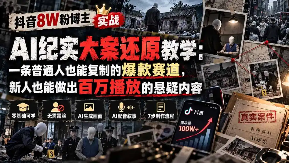抖音8W粉博主AI纪实大案还原教学:一条普通人也能复制的爆款赛道,新人也能做出百万播放的悬疑内容
