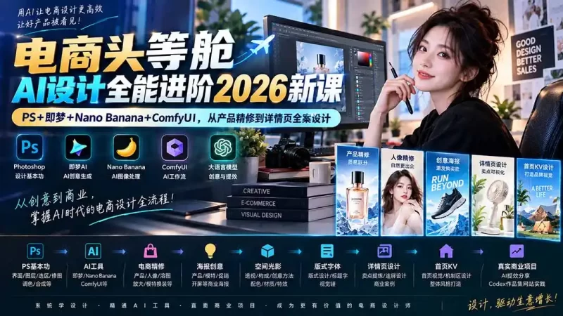 电商头等舱AI设计全能进阶2026新课:PS 即梦 Nano Banana ComfyUI,从产品精修到详情页全案设计-51云资源