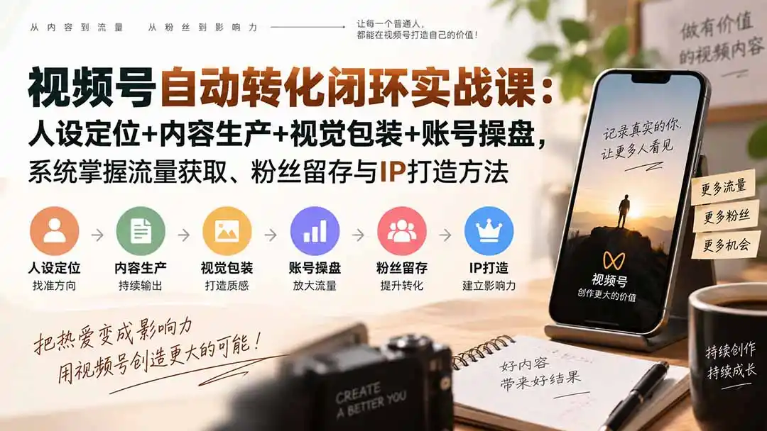 视频号自动转化闭环实战课：人设定位 内容生产 视觉包装 账号操盘，系统掌握流量获取、粉丝留存与IP打造方法