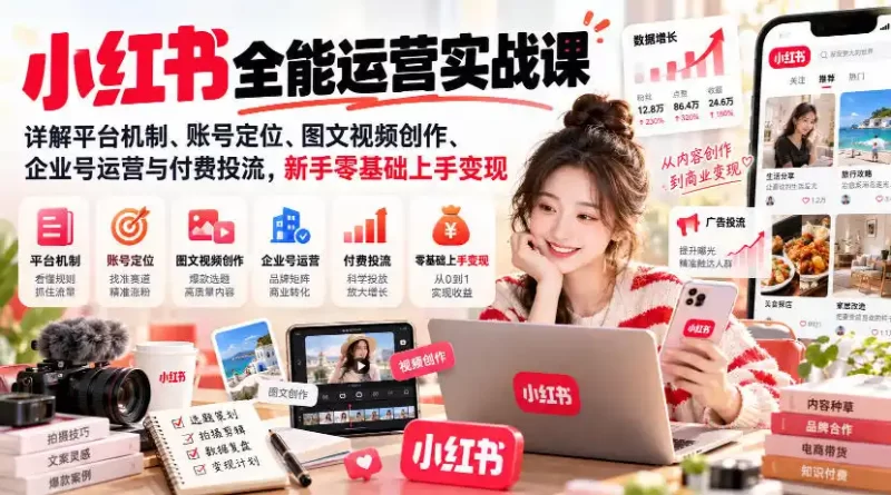 小红书全能运营实战课,详解平台机制、账号定位、图文视频创作、企业号运营与付费投流,新手零基础上手变现-51云资源