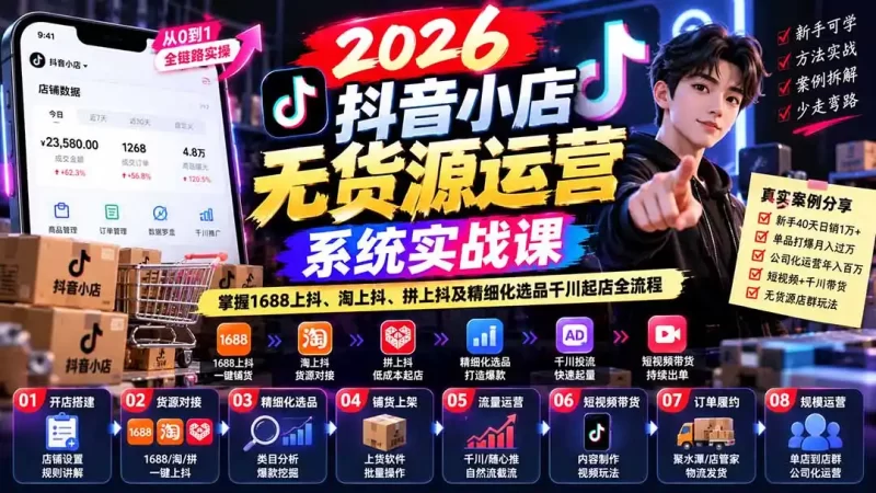 【无水印】2026抖音小店无货源运营系统实战课：掌握1688上抖、淘上抖、拼上抖及精细化选品千川起店全流程-51云资源