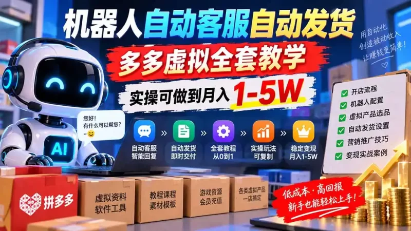 机器人自动客服自动发货,多多虚拟全套教学,实操可做到月入 1-5W-51云资源