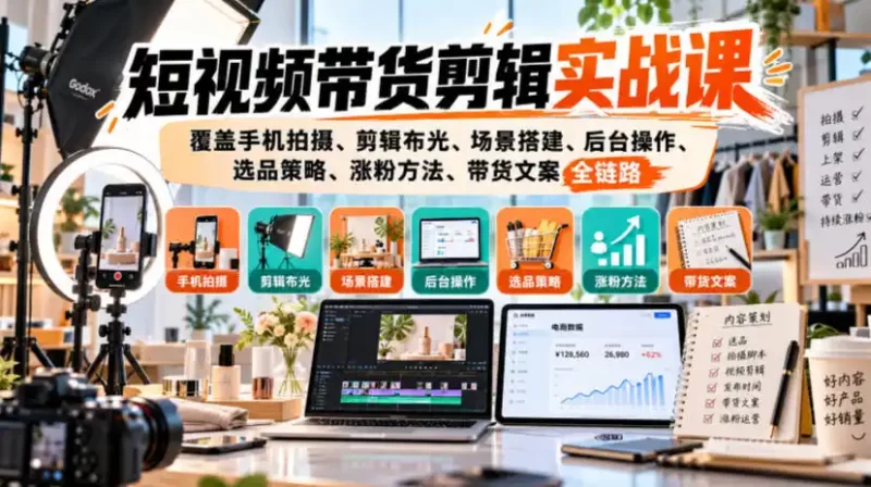 短视频带货剪辑实战课,覆盖手机拍摄、剪辑布光、场景搭建、后台操作、选品策略、涨粉方法、带货文案全链路-51云资源
