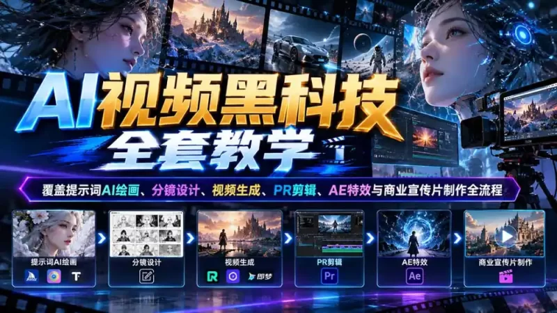 AI视频黑科技全套教学:覆盖提示词AI绘画、分镜设计、视频生成、PR剪辑、AE特效与商业宣传片制作全流程-51云资源
