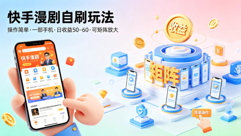 快手漫剧自刷玩法,操作简单,一部手机就可以做,一天50-60收益,可矩阵放大【揭秘】-51云资源