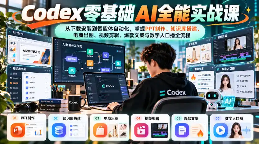 Codex零基础AI全能实战课：从下载安装到智能体自动化，掌握知识库搭建、电商出图、视频剪辑、爆款文案与数字人口播全流程-51云资源