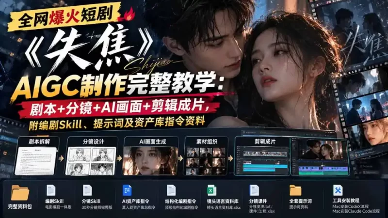 全网爆火短剧《失焦》AIGC制作完整教学:剧本 分镜 AI画面 剪辑成片,附编剧Skill、提示词及资产库指令资料-51云资源