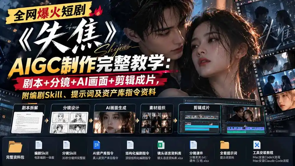 全网爆火短剧《失焦》AIGC制作完整教学:剧本 分镜 AI画面 剪辑成片,附编剧Skill、提示词及资产库指令资料-51云资源
