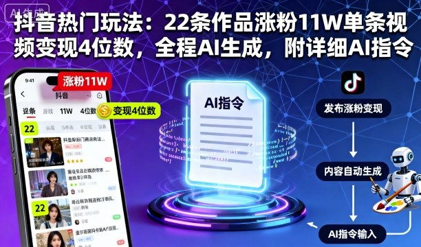 抖音热门玩法:22条作品涨粉11W单条视频变现4位数,全程AI生成,附详细AI指令-51云资源