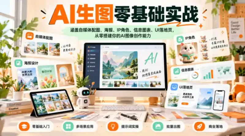 AI生图零基础实战,涵盖自媒体配图、海报、IP角色、信息图表、UI落地页,从零搭建你的AI图像创作能力-51云资源