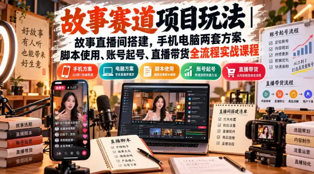 故事赛道项目玩法｜故事直播间搭建，手机电脑两套方案、脚本使用、账号起号、直播带货全流程实战课程-51云资源