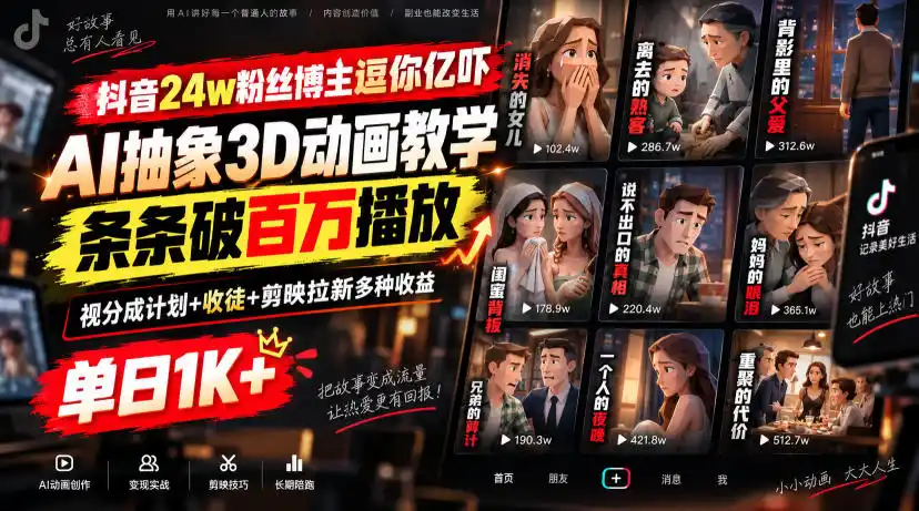 抖音24w粉丝博主逗你亿吓AI抽象3D动画教学,条条破百万播放,分成计划 收徒 剪映拉新多种收益,单日1K-51云资源