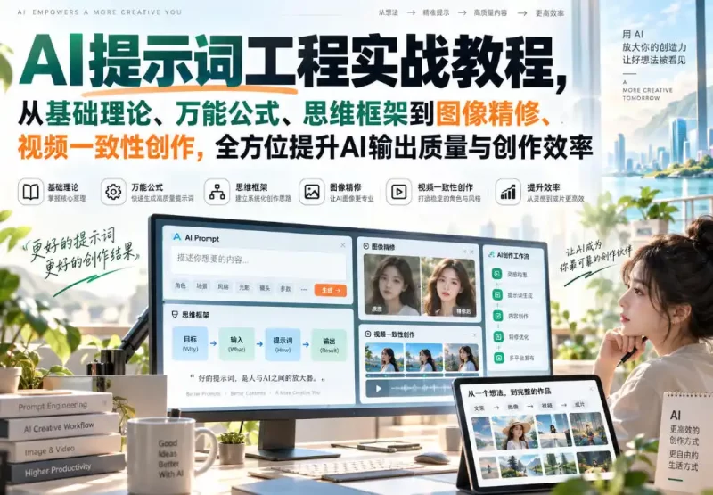 AI提示词工程实战教程,从基础理论、万能公式、思维框架到图像精修、视频一致性创作,全方位提升AI输出质量与创作效率-51云资源