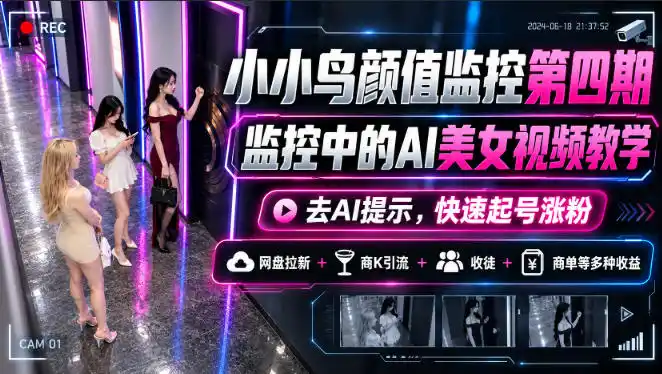 小小鸟颜值监控第四期,监控中的AI美女视频教学,去AI提示,快速起号涨粉,网盘拉新 商K引流 收徒 商单等多种收益