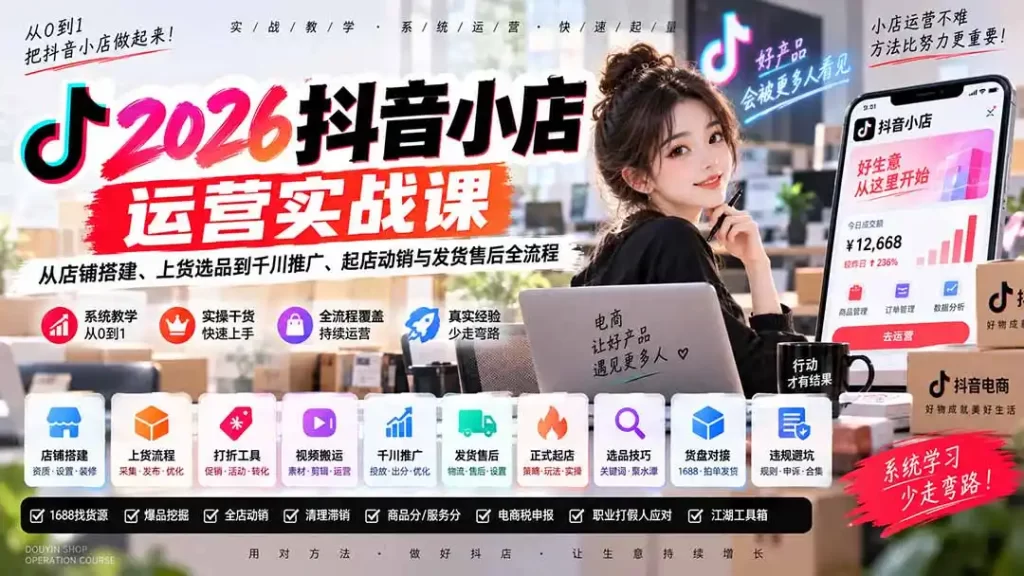 2026抖音小店运营实战课|从店铺搭建、上货选品到千川推广、起店动销与发货售后全流程-51云资源