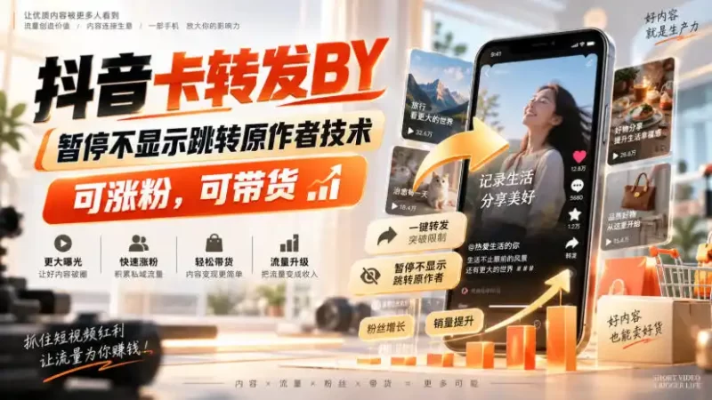 抖音卡转发搬运,暂停不显示跳转原作者技术,可涨粉,可带货-51云资源