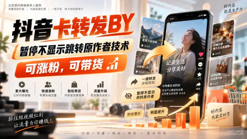 抖音卡转发搬运，暂停不显示跳转原作者技术，可涨粉，可带货-51云资源