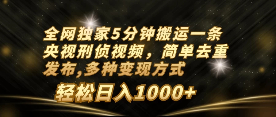 全网独家5分钟搬运一条央视刑侦视频，简单去重发布，多种变现方式，轻松日入1000-51云资源