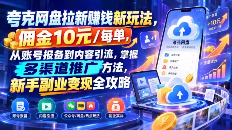 夸克网盘拉新赚钱新玩法,佣金10元/每单,从账号报备到内容引流,掌握多渠道推广方法,新手副业变现全攻略-51云资源