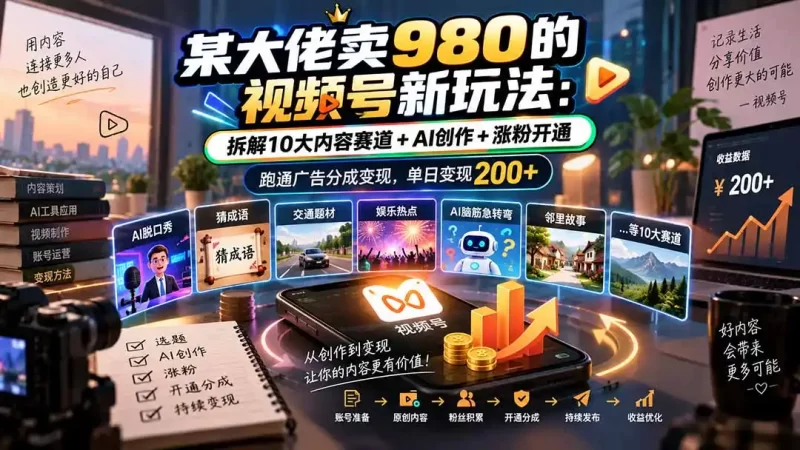 某大佬卖980的视频号新玩法:拆解10大内容赛道 AI创作 涨粉开通,跑通广告分成变现,单日变现200-51云资源