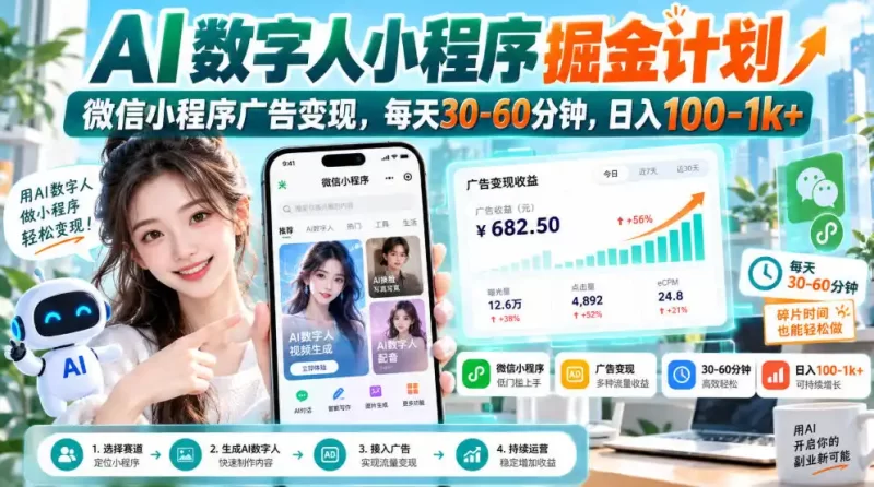 【无水印】AI数字人小程序掘金计划，微信小程序广告变现，每天30‑60分钟，日入100‑1k-51云资源