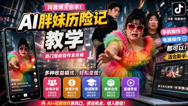 抖音博主的AI胖妹历险记教学，伙伴计划 分成计划 收徒 商单等多种收益，适合新手，手机电脑都可以操作-51云资源