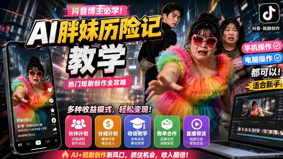 抖音博主的AI胖妹历险记教学，伙伴计划 分成计划 收徒 商单等多种收益，适合新手，手机电脑都可以操作-51云资源