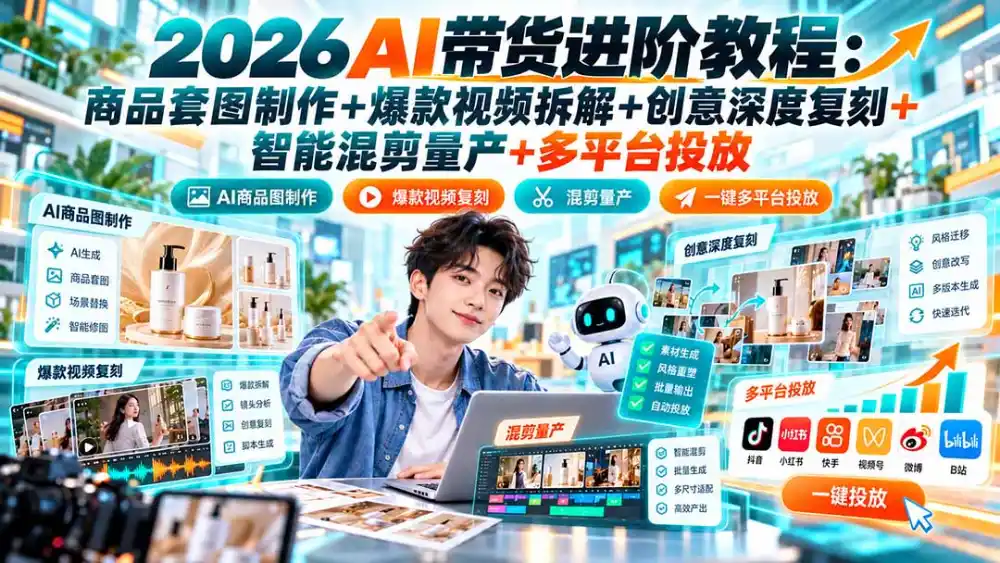 2026AI带货进阶教程：商品套图制作 爆款视频拆解 创意深度复刻 智能混剪量产 多平台投放