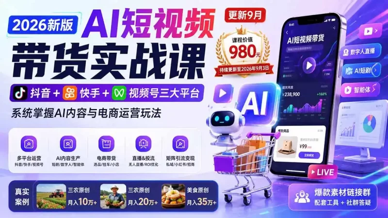 2026新版AI短视频带货实战课-更新9月：抖音 快手 视频号三大平台，系统掌握AI内容与电商运营玩法-51云资源