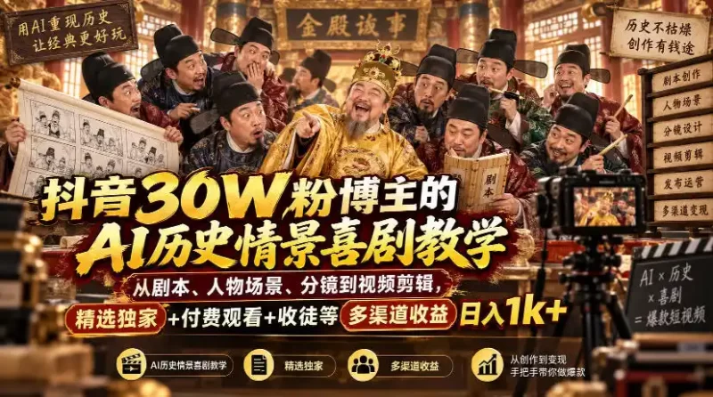 抖音30W粉博主的AI历史情景喜剧教学,从剧本、人物场景、分镜到视频剪辑,精选独家 付费观看 收徒等多渠道收益日入1k-51云资源