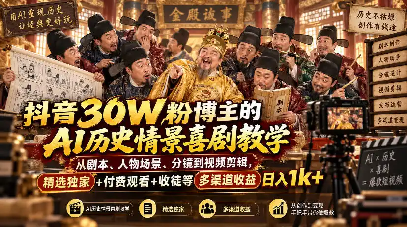 抖音30W粉博主的AI历史情景喜剧教学,从剧本、人物场景、分镜到视频剪辑,精选独家 付费观看 收徒等多渠道收益日入1k-51云资源