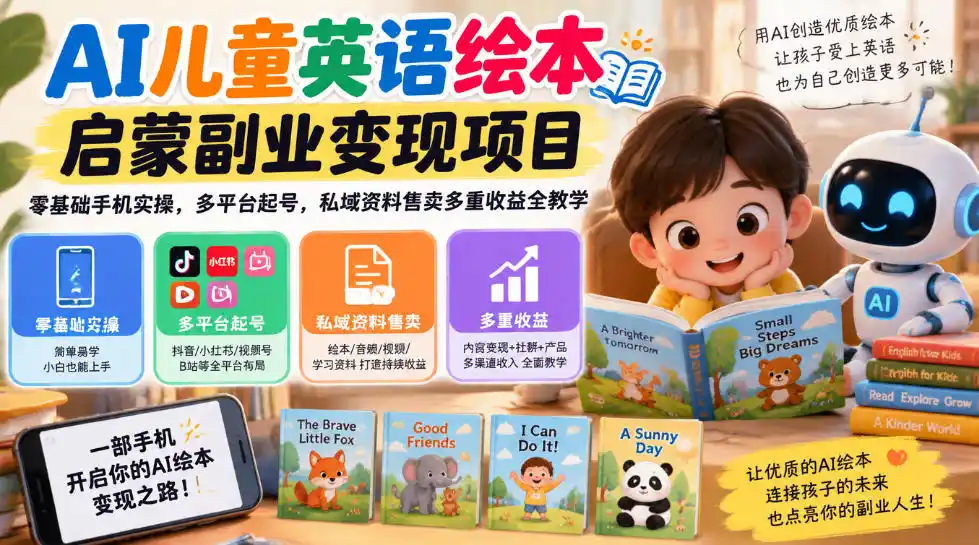 AI儿童英语绘本启蒙副业变现项目，零基础手机实操，多平台起号，私域资料售卖多重收益全教学-51云资源