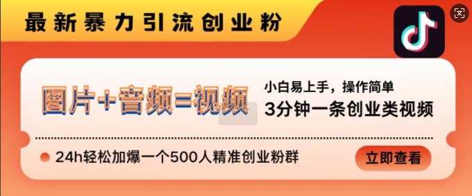 抖音最新暴力引流创业粉,3分钟一条创业类视频,24h轻松加爆一个500人精准创业粉群【揭秘】-51云资源