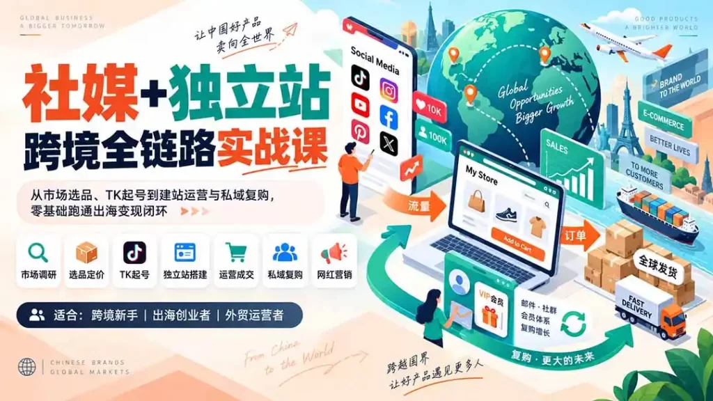 社媒 独立站跨境全链路实战课：从市场选品、TK起号到建站运营与私域复购，零基础跑通出海变现闭环-51云资源