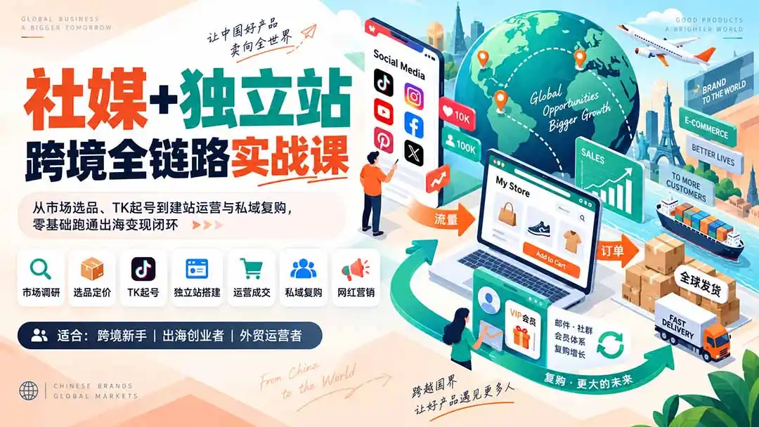 社媒 独立站跨境全链路实战课：从市场选品、TK起号到建站运营与私域复购，零基础跑通出海变现闭环