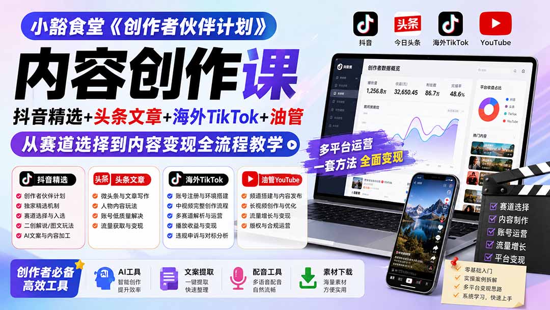 小豁食堂《创作者伙伴计划》内容创作课：抖音精选 头条文章 海外TikTok 油管，从赛道选择到内容变现全流程教学