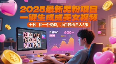 2025最新男粉项目,一键生成美女视频,日引600 色粉 十秒一个视频,小白轻松日入5张【揭秘】-51云资源