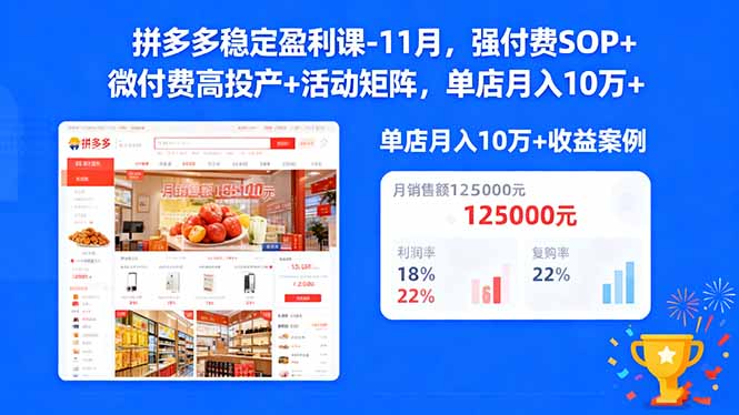 拼多多稳定盈利课-11月,强付费SOP 微付费高投产 活动矩阵,单店月入10w