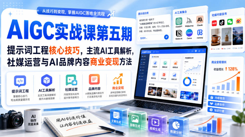 刺猬星球·AIGC实战课第五期，提示词工程核心技巧，主流AI工具解析，社媒运营与AI品牌内容商业变现方法-51云资源