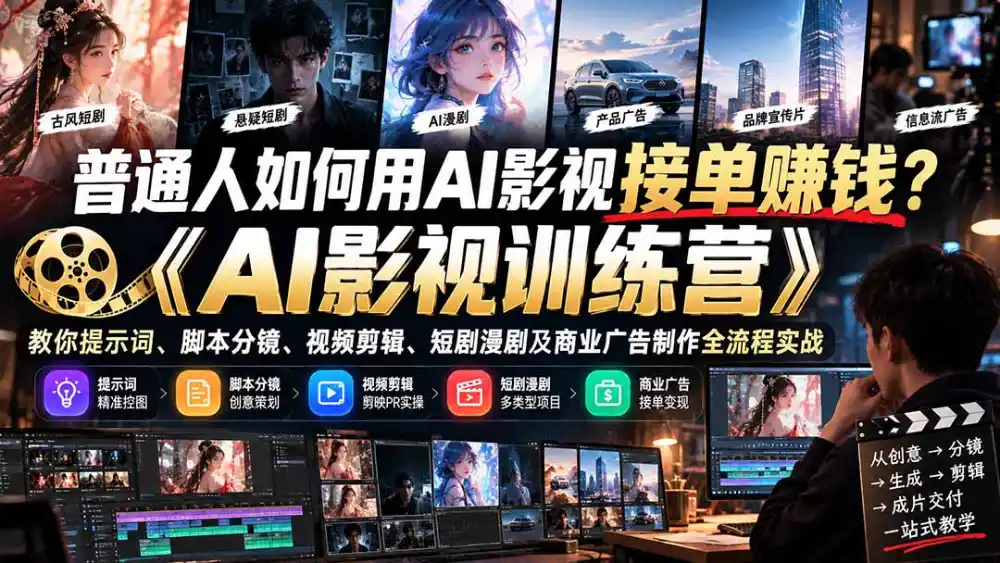 普通人如何用AI影视接单赚钱？《AI影视训练营》教你提示词、脚本分镜、视频剪辑、短剧漫剧及商业广告制作全流程实战-51云资源