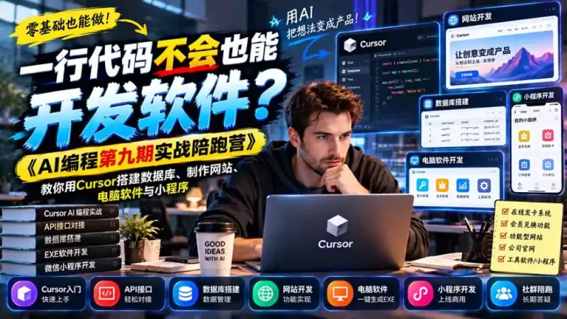 一行代码不会也能开发软件?《AI编程第九期实战陪跑营》教你用Cursor搭建数据库、制作网站、电脑软件与小程序-51云资源