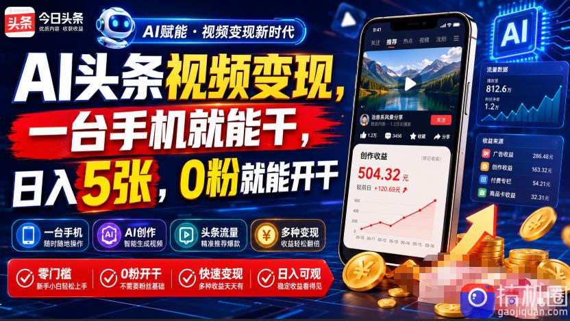 AI头条视频变现,一台手机就能干,日入5张,0粉就能开干-51云资源