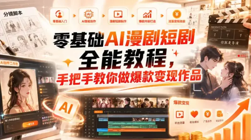 零基础AI漫剧短剧全能教程,从AI智能体搭建、文案脚本分镜、多平台AI生视频、剪映精修,覆盖全题材创作,手把手教你做爆款变现作品-51云资源