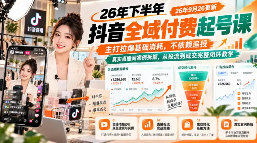 26年下半年抖音全域付费起号课,主打拉爆基础消耗,不依赖追投,真实直播间案例拆解,从投流到成交完整闭环教学(更新1019)-51云资源